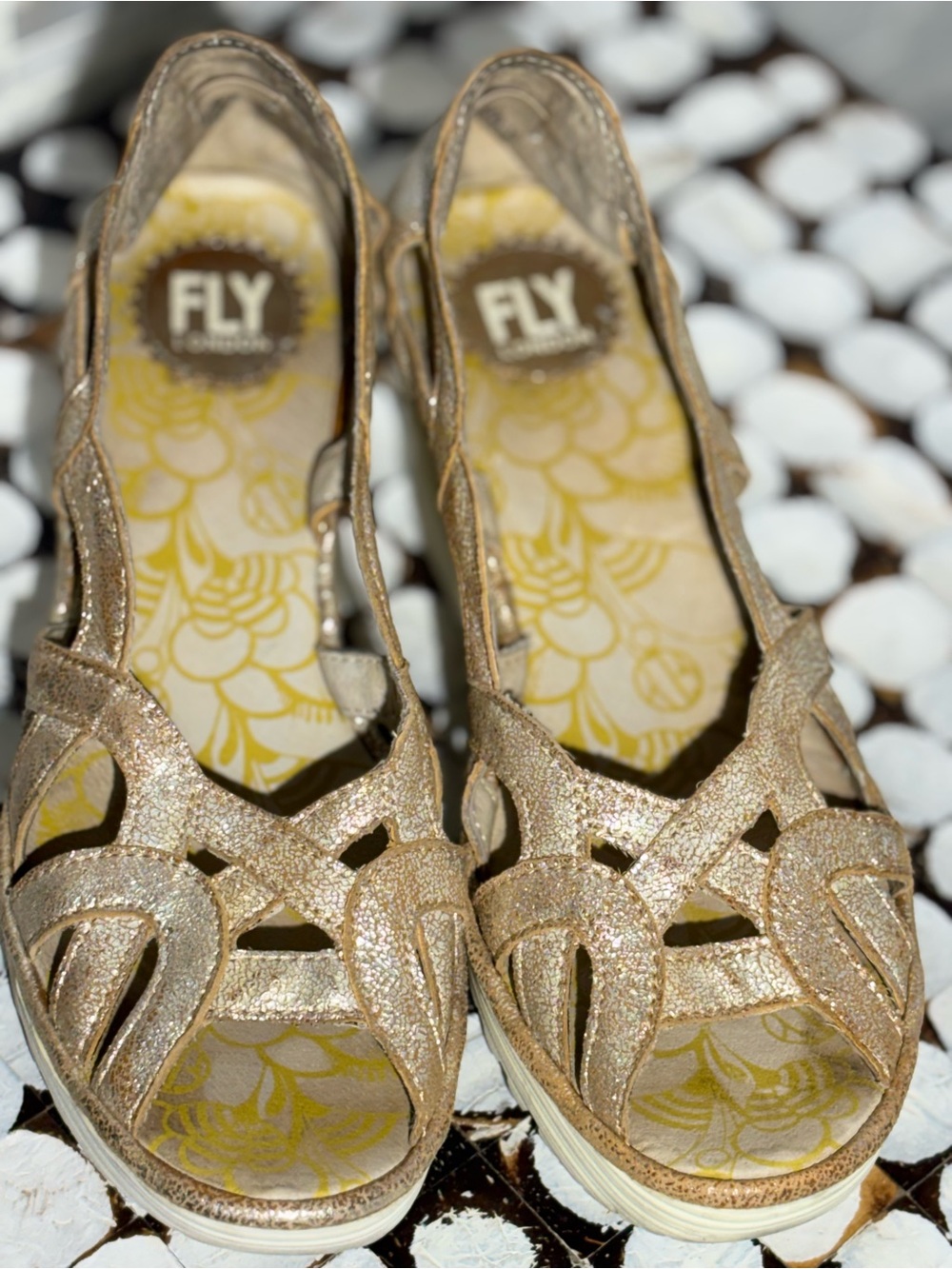 Fly London "Yadi" Metallic Gold Leather Cutout Wedge Sandals - Size 39